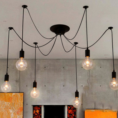 Spider-Style Black Iron & Glass Pendant Light for Living Room