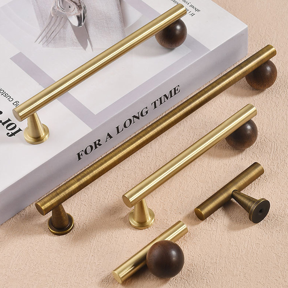 Warm Minimalist Brushed Brass Wood Cabinet Pulls