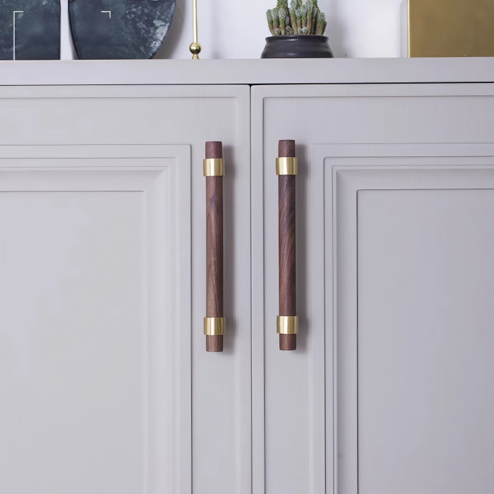 Walnut & Beech Drawer Dresser Pulls Wooden Cabinet Pulls With Brass Base