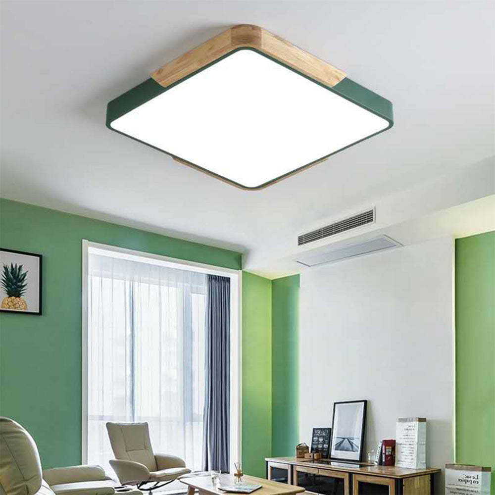Square Wood And Metal Flush Mount LED Dimmable Ceiling Light -Homdiy