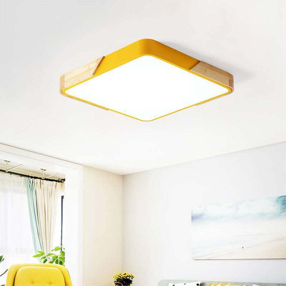 Square Wood And Metal Flush Mount LED Dimmable Ceiling Light -Homdiy