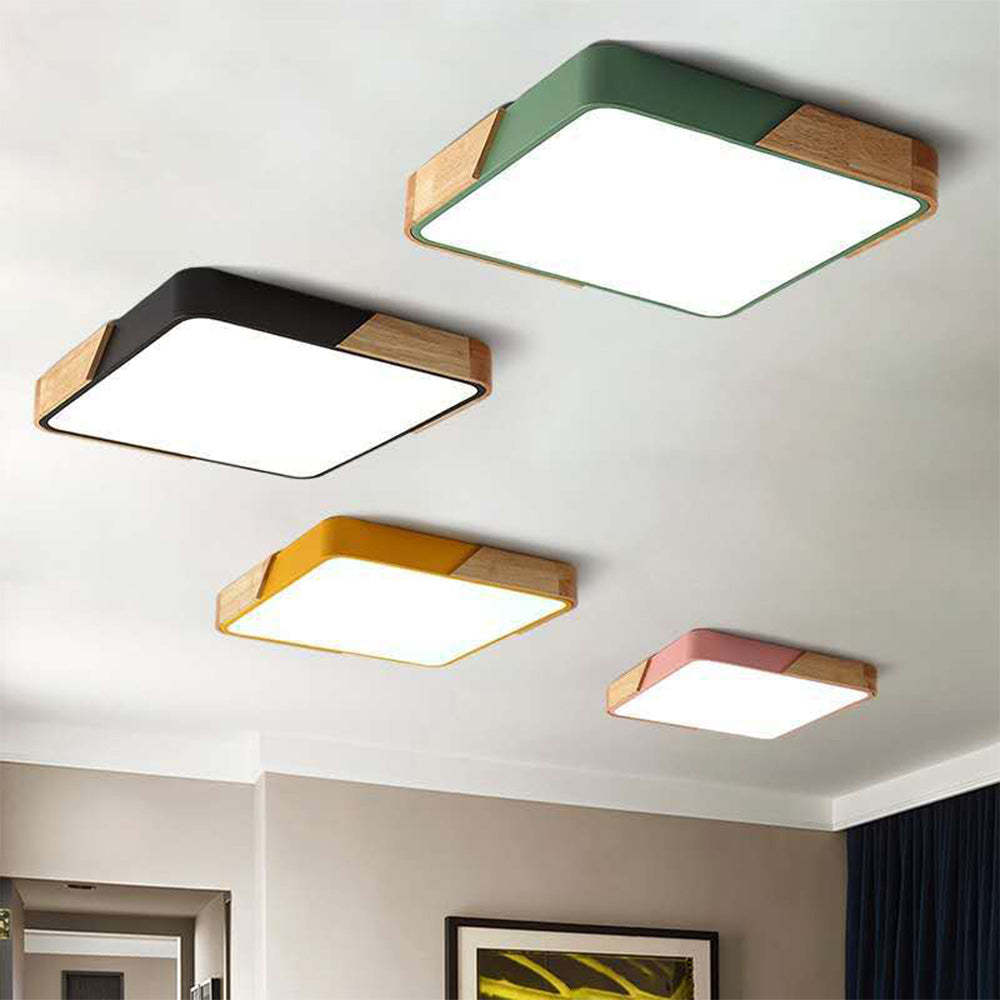 Square Wood And Metal Flush Mount LED Dimmable Ceiling Light -Homdiy