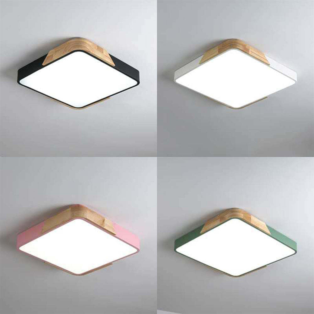 Square Wood And Metal Flush Mount LED Dimmable Ceiling Light -Homdiy