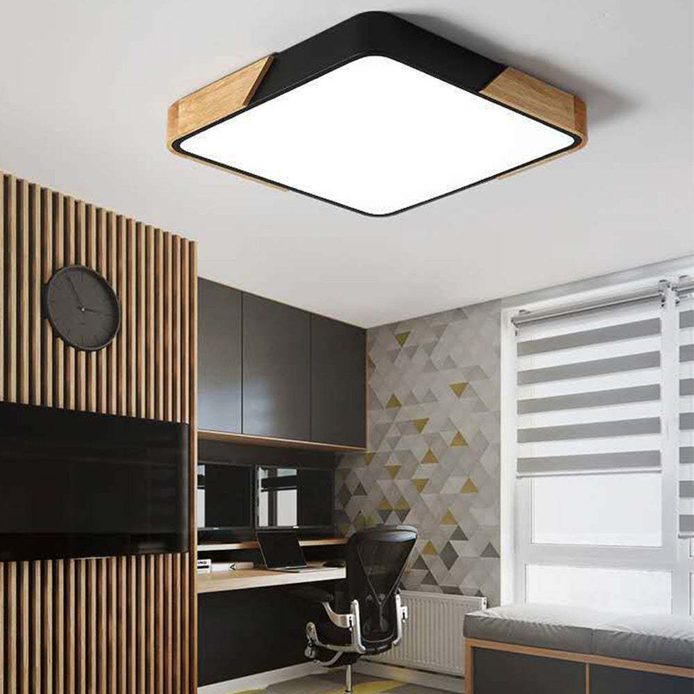 Square Wood And Metal Flush Mount LED Dimmable Ceiling Light -Homdiy