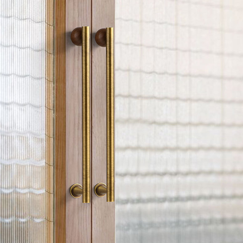 Warm Minimalist Brushed Brass Wood Cabinet Pulls