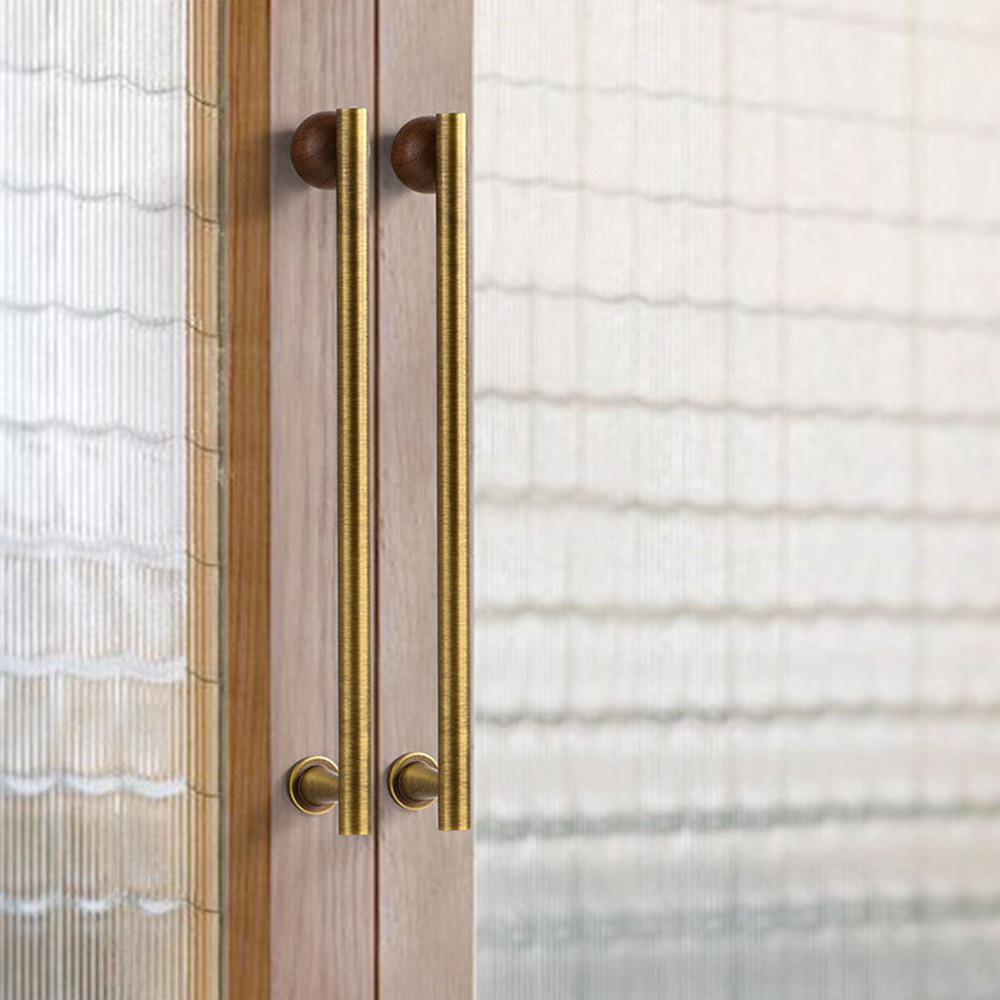 Warm Minimalist Brushed Brass Wood Cabinet Pulls