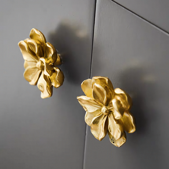 Gold Flower Brushed Brass Cabinet Knobs - Decorative Floral Drawer Knob