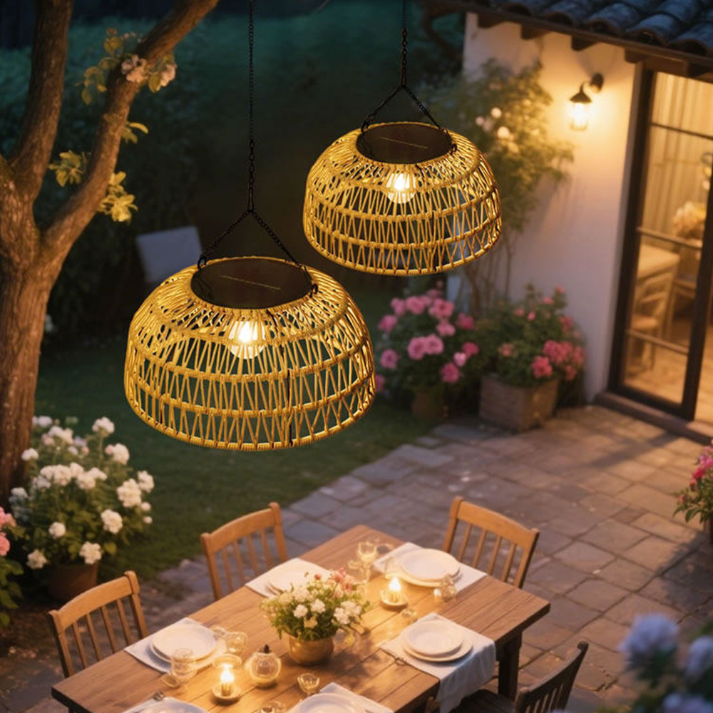 Boho Natural Rattan Drill-Free Solar Pendant Light