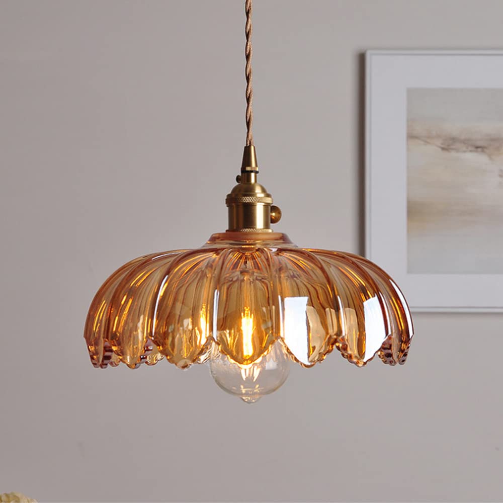 Glass Flower Pendant LED Light with Brass Frame in Vintage Style - Bulb sold Included