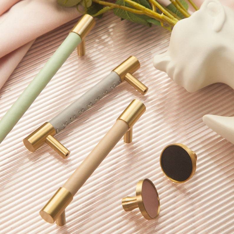 Brass Solid Leather Handmade Cabinet Pulls Dresser Knobs -Homdiy