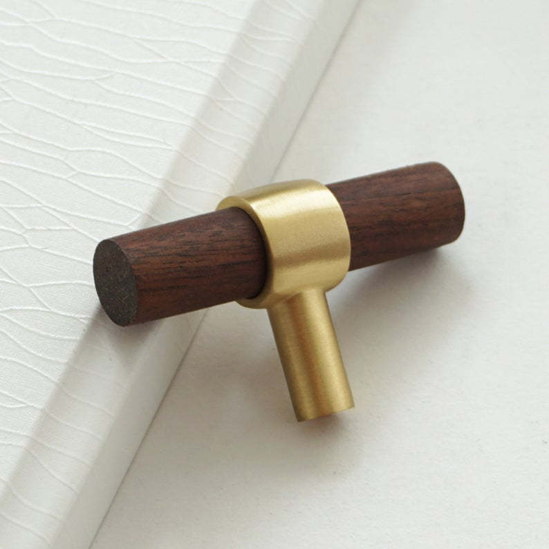 Walnut & Beech Drawer Dresser Pulls Wooden Cabinet Pulls With Brass Base -Homdiy