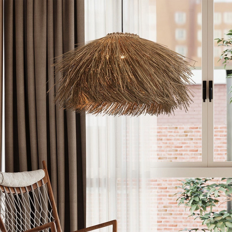 Boho Grass Pendant Light Handmade Woven Lampshade -Homdiy