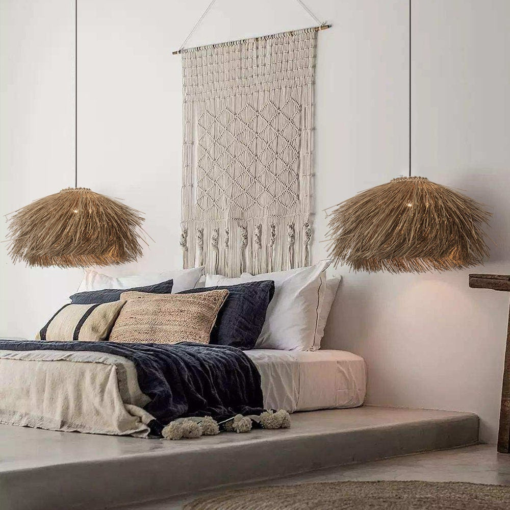 Boho Grass Pendant Light Handmade Woven Lampshade -Homdiy