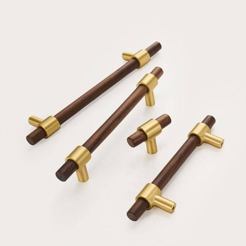 Walnut & Beech Drawer Dresser Pulls Wooden Cabinet Pulls With Brass Base -Homdiy