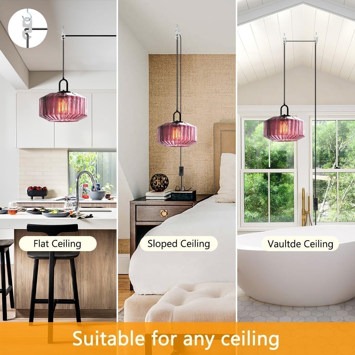 Farmhouse Plug-in Glass Pendant Light For Kitchen Island