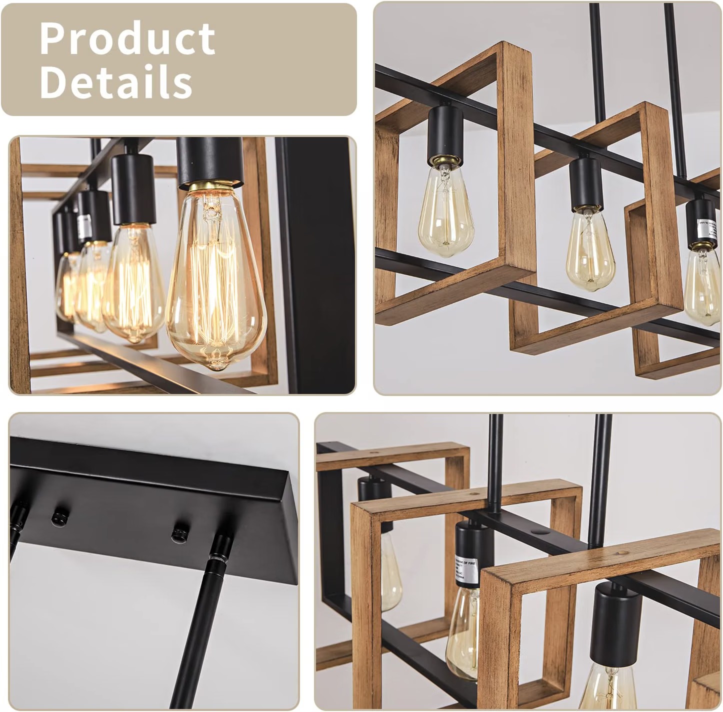 Farmhouse Black Iron Wood Pendant Light Chandelier