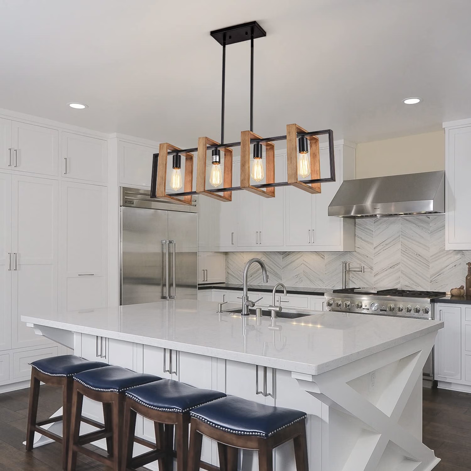 Farmhouse Black Iron Wood Pendant Light Chandelier