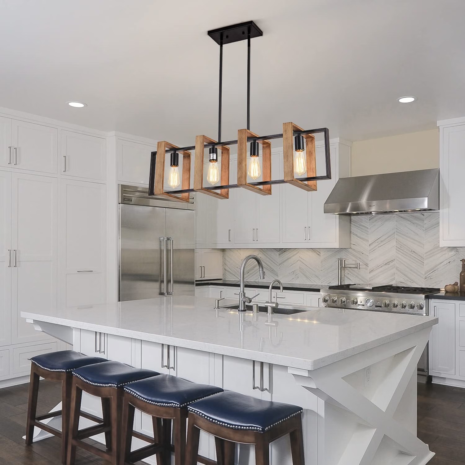 Farmhouse Black Iron Wood Pendant Light Chandelier