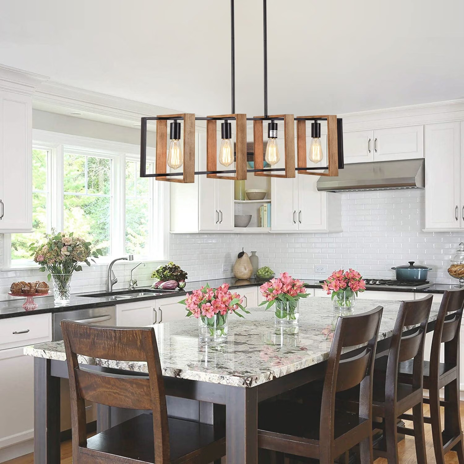 Farmhouse Black Iron Wood Pendant Light Chandelier