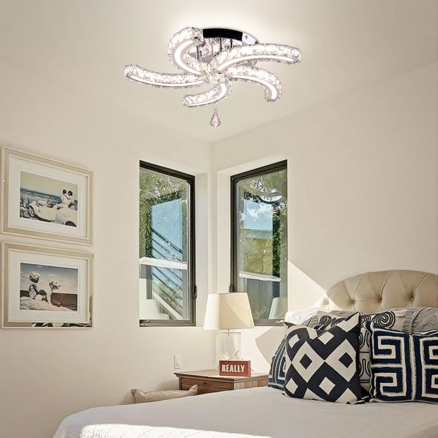 Crystal LED Ceiling Light 5 Arms Flush Mount Chandelier Fixture