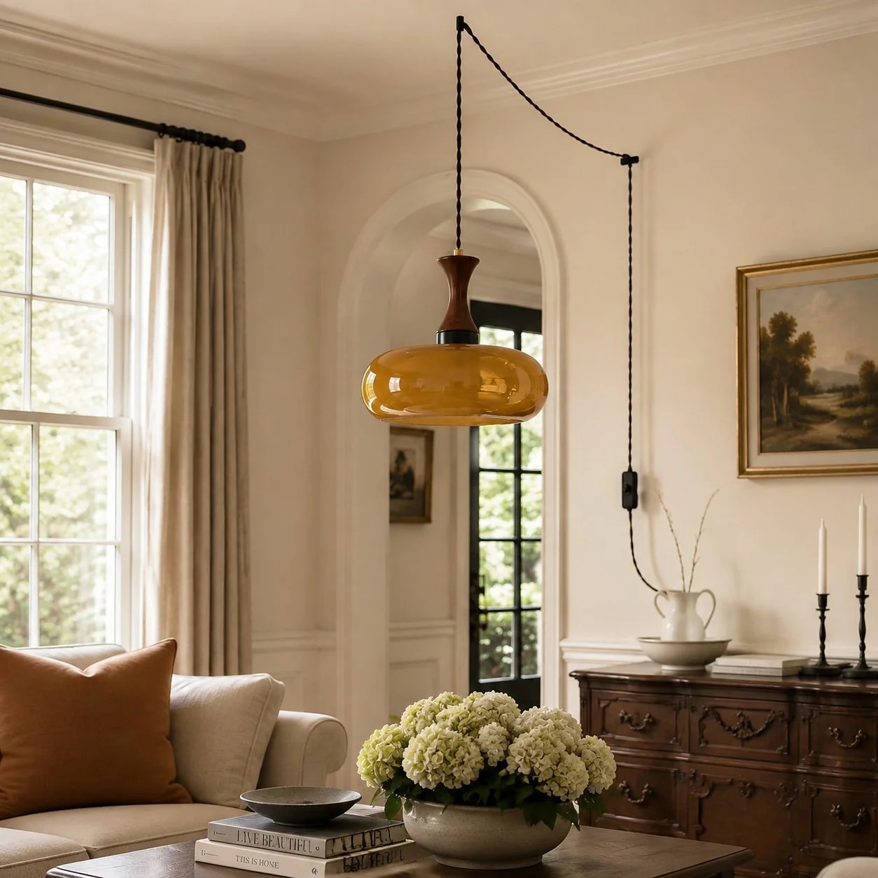 Retro Plug-in Brown Dome  Kitchen Island Hanging Light
