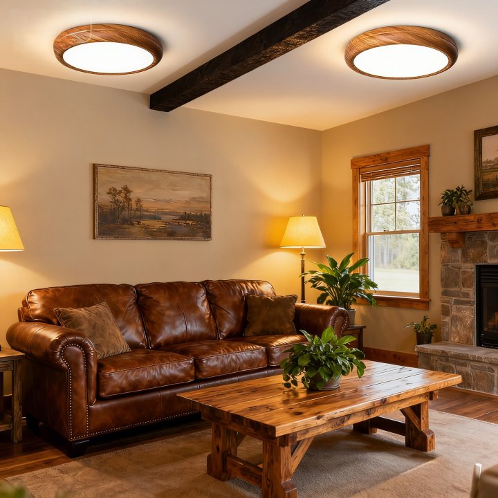 Set of 2 Nordic LED Round Walnut Bedroom Ceiling Lamp