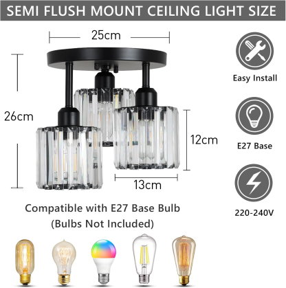 Modern Glass Crystal Semi Flush Ceiling Light
