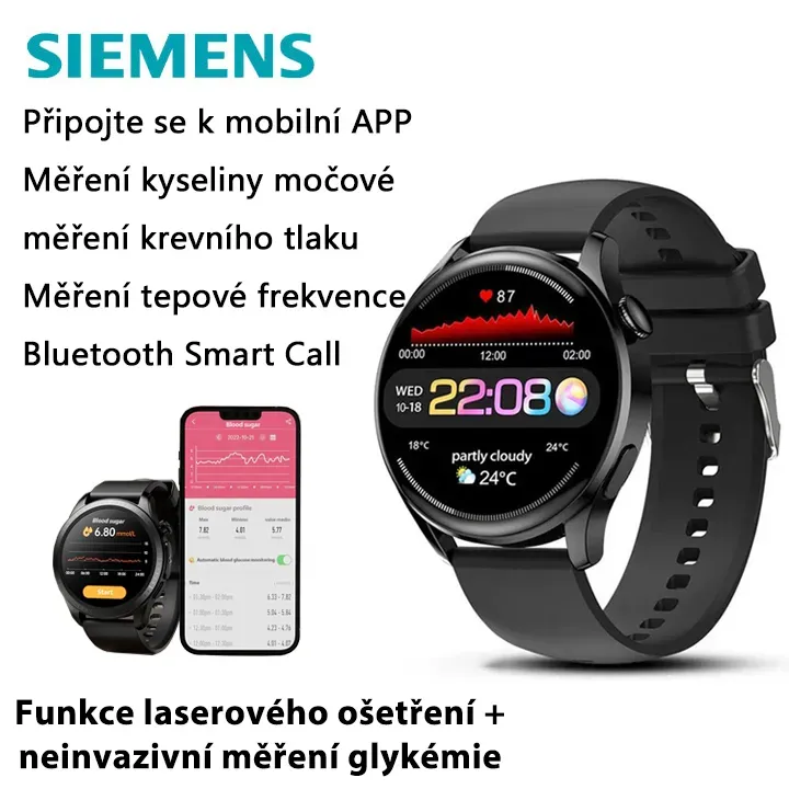 Laseroterapeutické hodinky Siemens dokážou monitorovat srdeční frekvenci/krevní tlak/glykemii