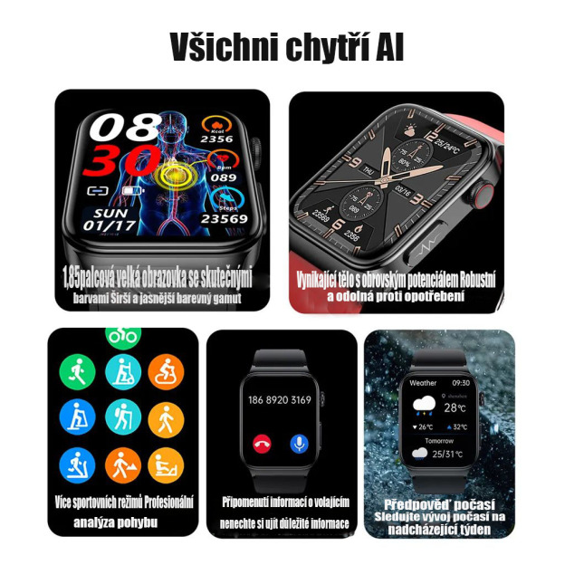 Chytré hodinky, komplexní sledování zdravotního stavu, glukóza v krvi, EKG, personalizovaný ciferník, hodinky BT5.1, chytré hodinky, sportovní, vodotěsné, monitor srdečního tepu, monitor glukózy