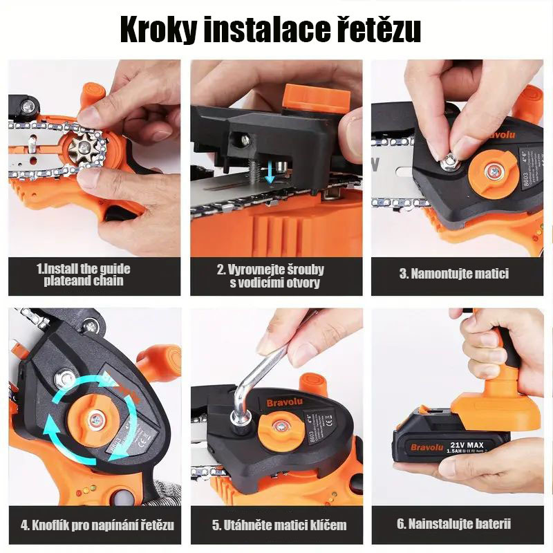 Vylepšená mini řetězová pila Bravolu21V, 6palcová přenosná elektrická řetězová pila bez kabelu s 2x1,5Ah bateriemi a 2 řetězy, jednoruční řetězová pila pro řezání stromů a prořezávání stromů a větví