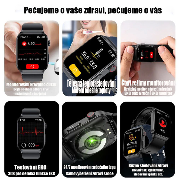 Chytré hodinky, komplexní sledování zdravotního stavu, glukóza v krvi, EKG, personalizovaný ciferník, hodinky BT5.1, chytré hodinky, sportovní, vodotěsné, monitor srdečního tepu, monitor glukózy