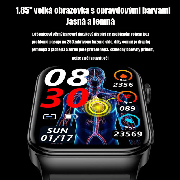 Chytré hodinky, komplexní sledování zdravotního stavu, glukóza v krvi, EKG, personalizovaný ciferník, hodinky BT5.1, chytré hodinky, sportovní, vodotěsné, monitor srdečního tepu, monitor glukózy