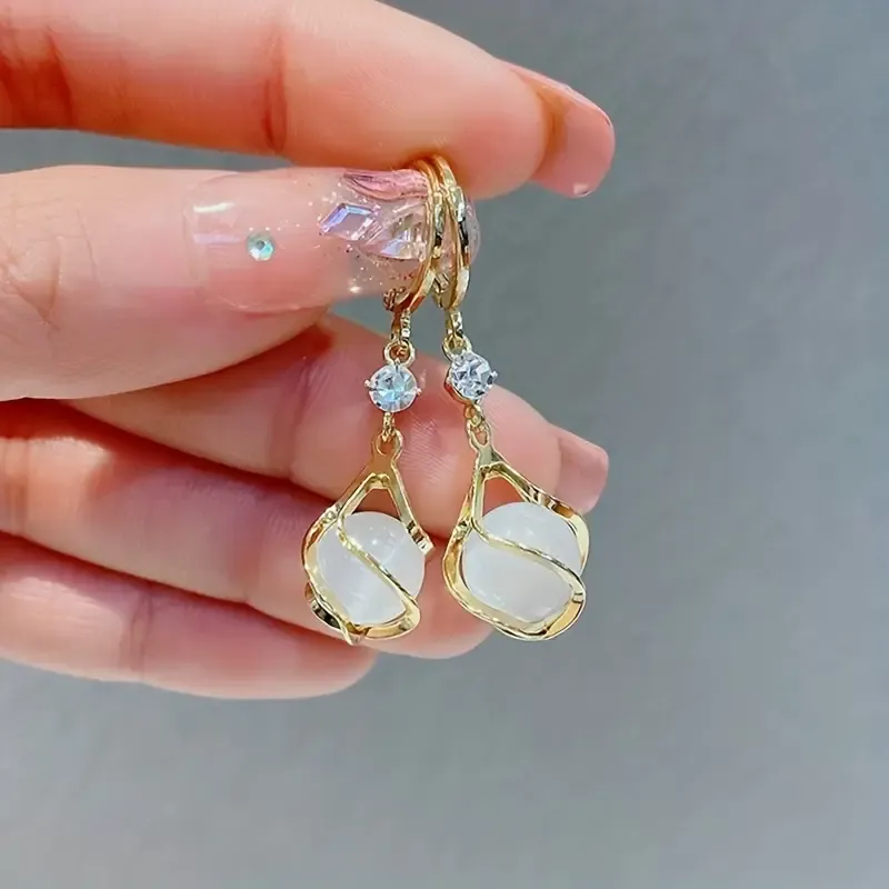 Moonstone Bead Shiny Rhinestone Decor Dangle Earrings Elegant Simple Style Copper Jewelry Delicate Female Gift