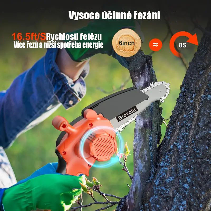 Vylepšená mini řetězová pila Bravolu21V, 6palcová přenosná elektrická řetězová pila bez kabelu s 2x1,5Ah bateriemi a 2 řetězy, jednoruční řetězová pila pro řezání stromů a prořezávání stromů a větví