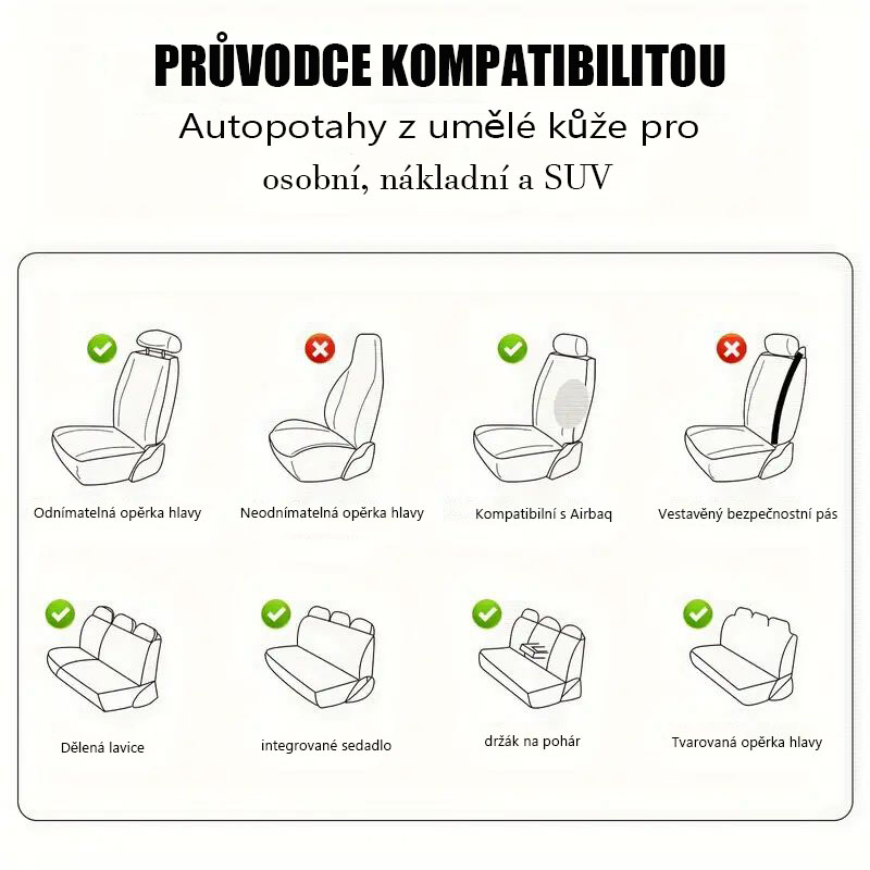 5místný prémiový potah z umělé kůže - 360° plná ochrana, prodyšný a protiskluzový - Odolný, celoroční, vhodný pro osobní automobily, SUV, nákladní automobily - Snadná instalace