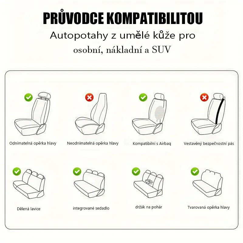 5místný prémiový potah z umělé kůže - 360° plná ochrana, prodyšný a protiskluzový - Odolný, celoroční, vhodný pro osobní automobily, SUV, nákladní automobily - Snadná instalace