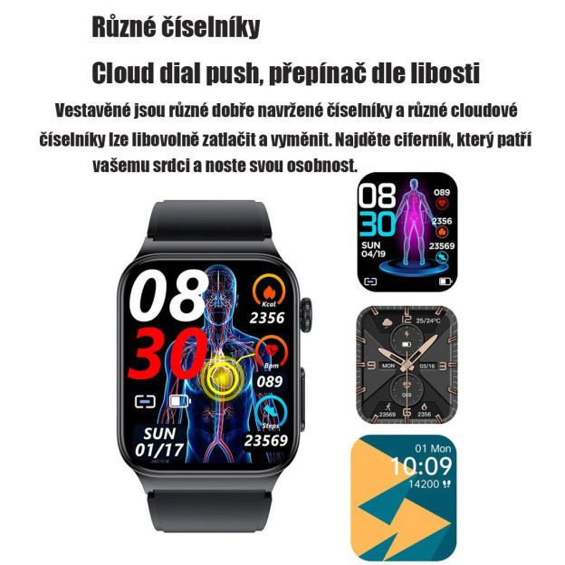 Chytré hodinky, komplexní sledování zdravotního stavu, glukóza v krvi, EKG, personalizovaný ciferník, hodinky BT5.1, chytré hodinky, sportovní, vodotěsné, monitor srdečního tepu, monitor glukózy