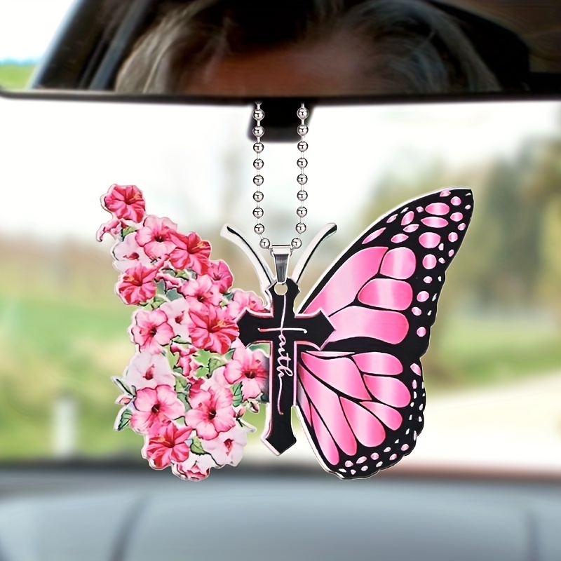 Beautiful Pink Butterfly and Flower Jesus Cross Pendant - The Perfect Car Rearview Mirror Accessory and Gift!