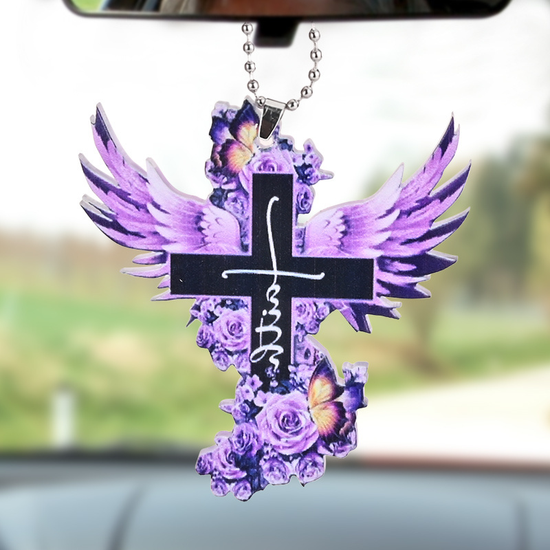 Purple Winged Cross Rose Pendant, Car Rearview Mirror Accessories Key Chain, Schoolbag Accessories Easter Gift