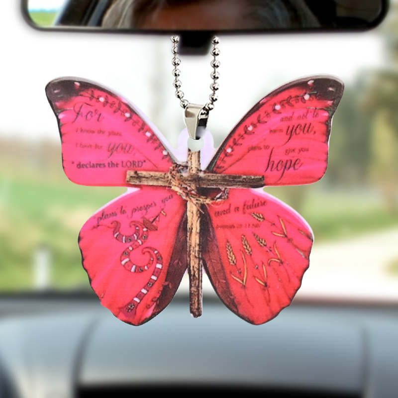 Christian Lucky Red Butterfly Car Rearview Mirror Decoration - An Attractive & Unique Car Pendant Keychain!