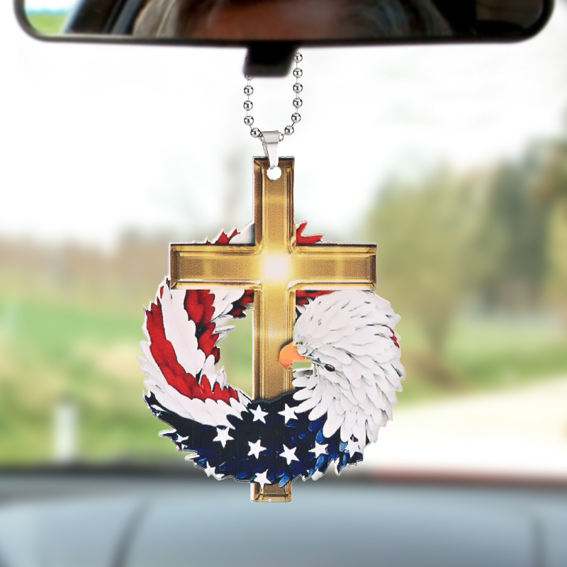 Show Your Patriotism and Faith with This Stunning Eagle Wreath Cross Pendant - Perfect for Car or Home Decor!