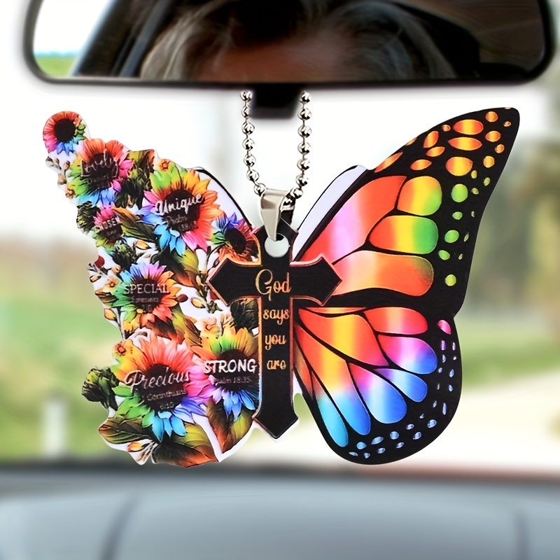 Beautiful Butterfly Cross Christian Car Rearview Mirror Accessories - Perfect Home Decor & Christmas Tree Ornament Gift!