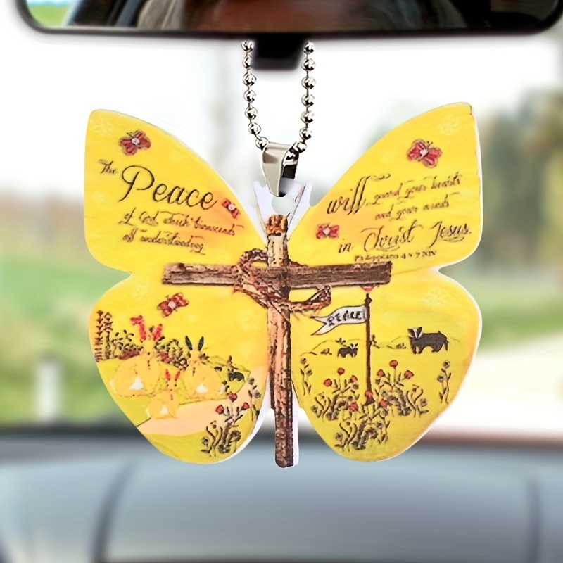 1pc Stylish Cross Butterfly Car Rearview Mirror Hanging Ornament - Add a Touch of Luck to Your Car!