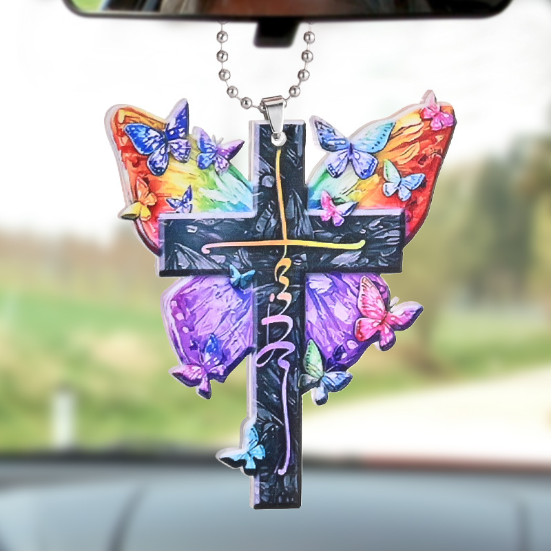 Colorful Butterfly Jesus Cross Pendant: Perfect Car Rearview Mirror & Key Chain Accessories for Holiday Gifts