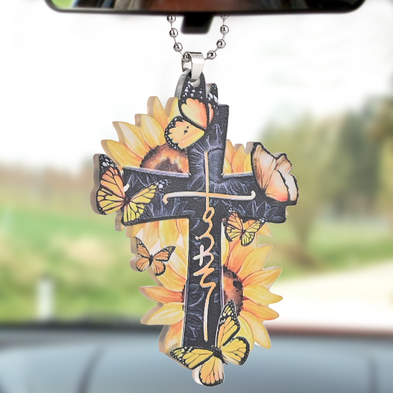 1pc Sunflower Cross Acrylic Pendant: Perfect for Car, Home, and Backpack Decoration - A Festive Easter Gift!