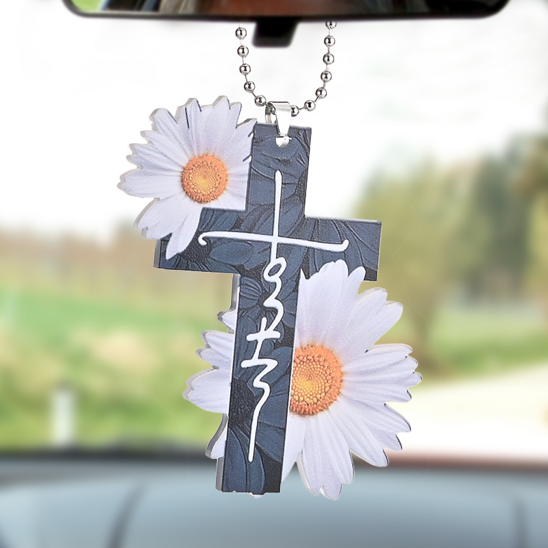 Easter Gift: Jesus Cross Little Daisy Pendant - Perfect for Home & Car Decoration!