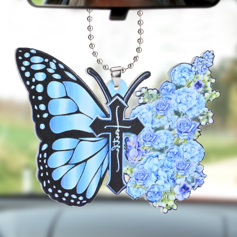 Add a Touch of Elegance to Your Home or Car with this Acrylic Blue Butterfly Flower Jesus Cross Pendant!