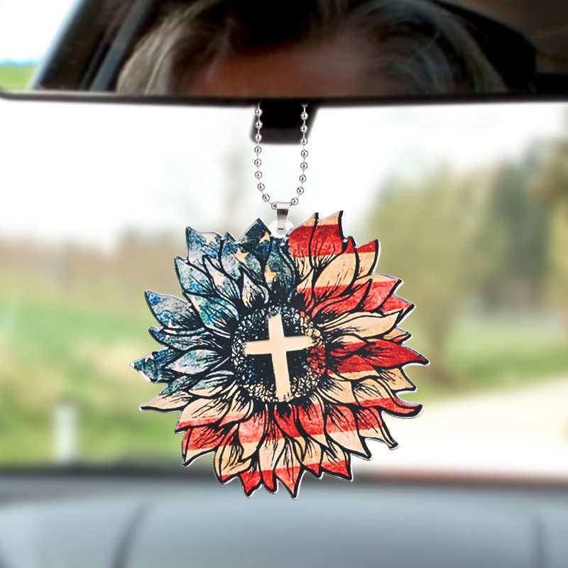 Show Your Patriotism with This American Flag Sunflower Pendant - Perfect for Car, Home, and Bag Decorations!