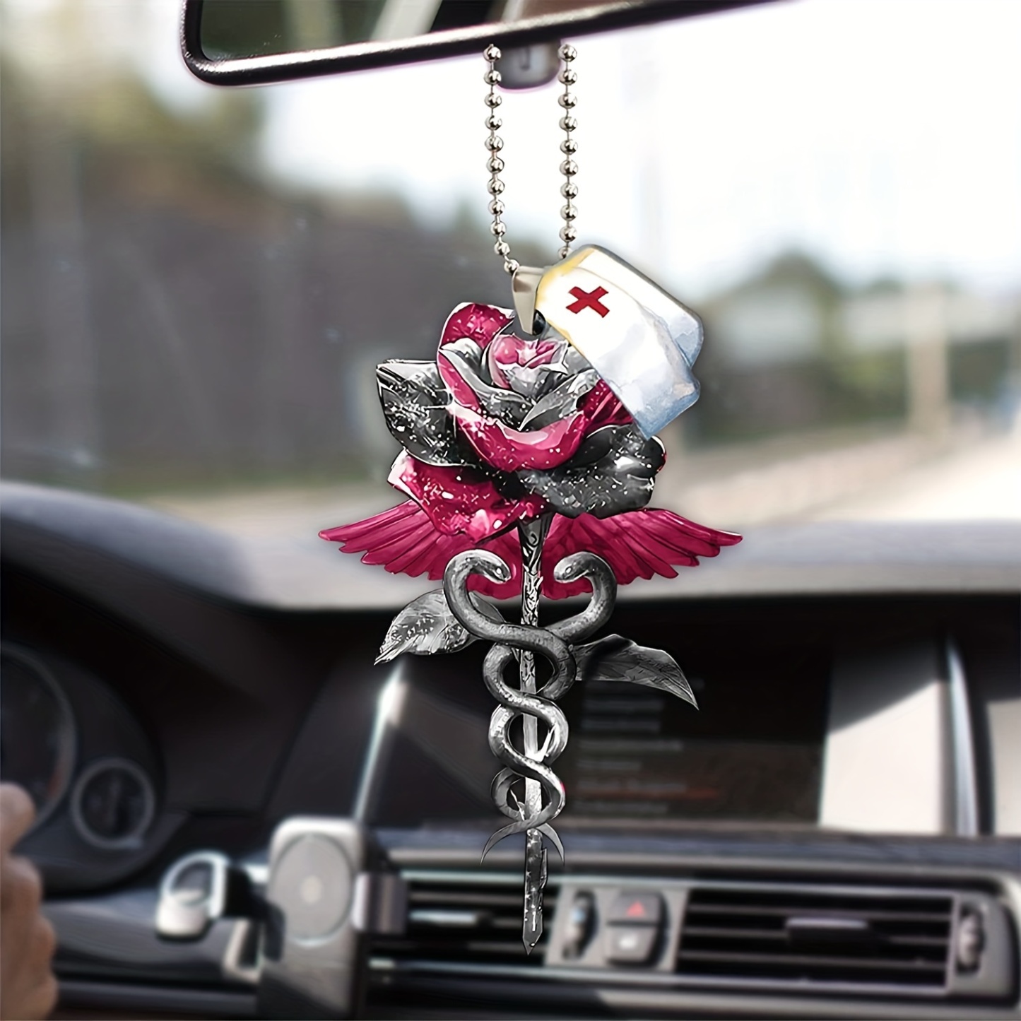 1pc Rose Nurse Hat Car Rearview Mirror Pendant: A Festive Christmas Decoration and Gift for Your Home and Car!
