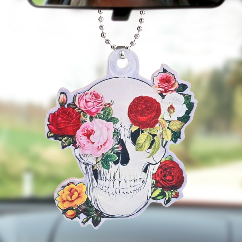 Flower White Skeleton Acrylic Pendant Car Rearview Mirror Accessories Halloween Decorations Gift